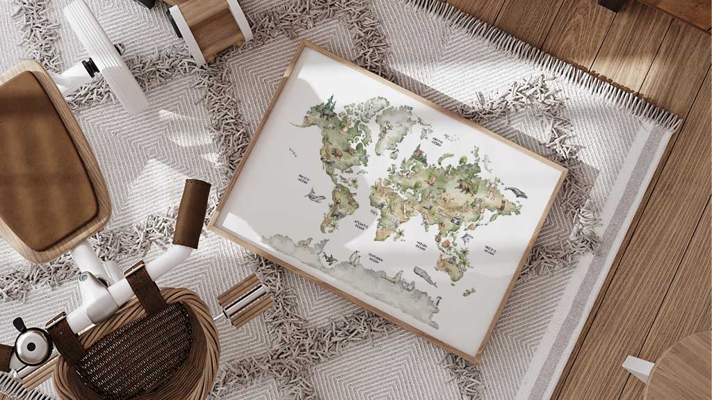 Educational world map print for children’s bedroom or playroom
