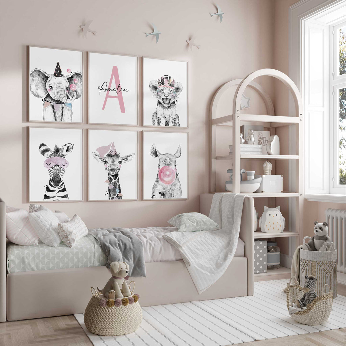Personalised Safari Nursery Wall Art Set for Girls Room – My Tommy Prints