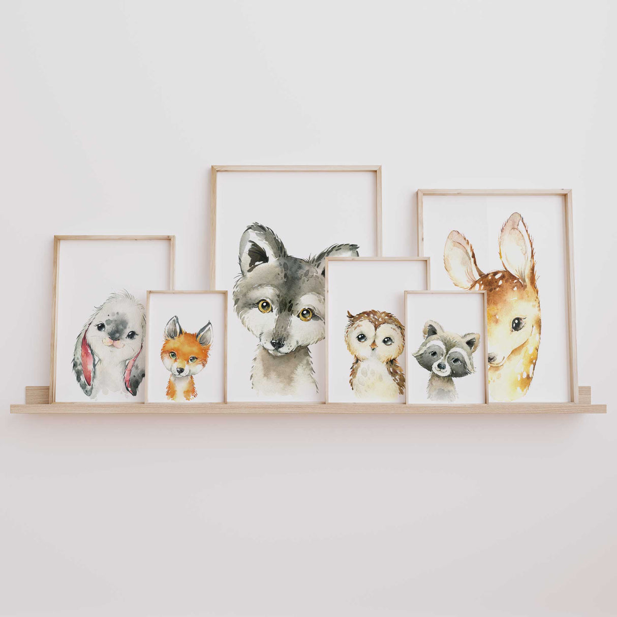 Bunny rabbit, fox, wolf, owl, raccoon and deer nursery wall art for baby room