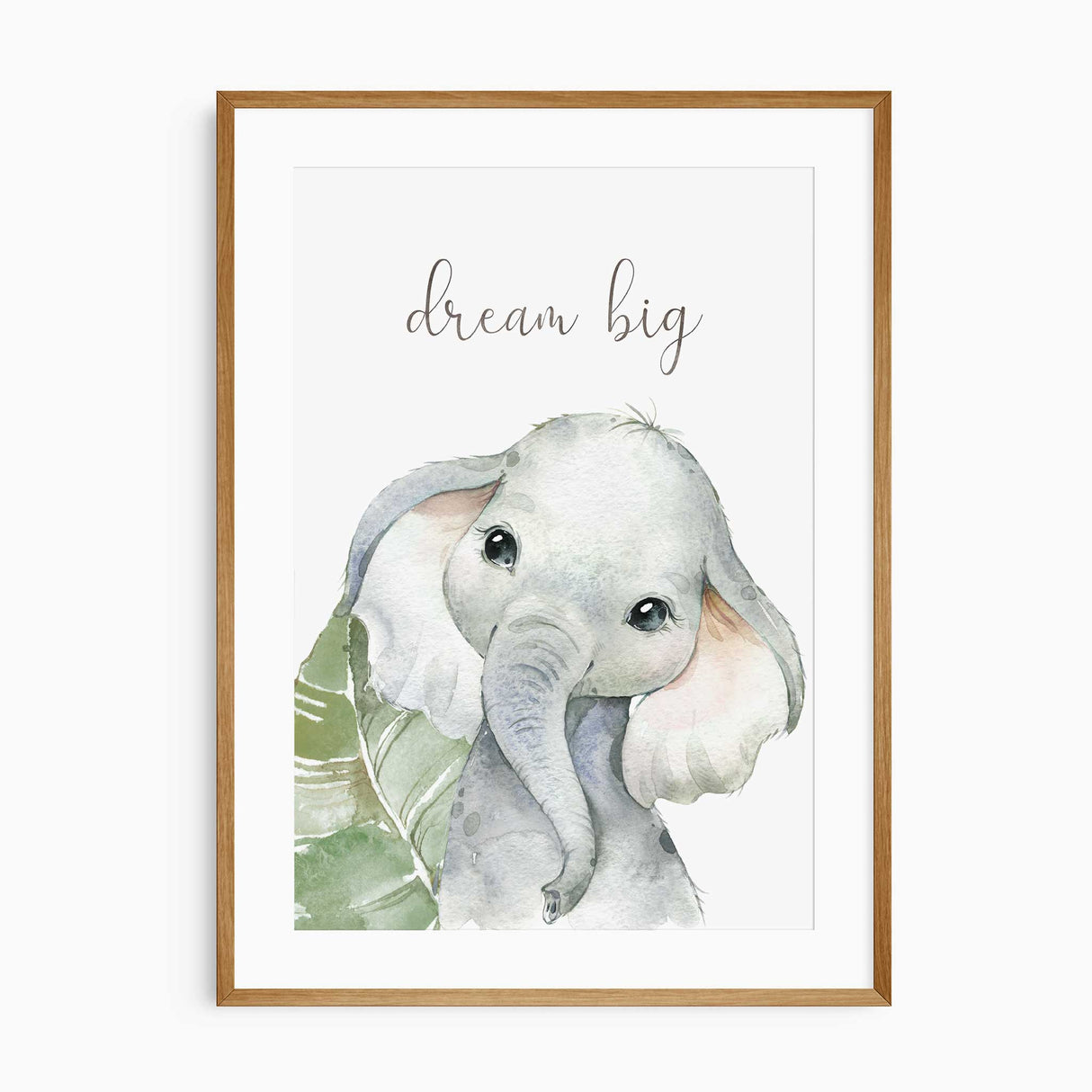 Watercolour elephant nursery print with “Dream Big” quote for kids wall art