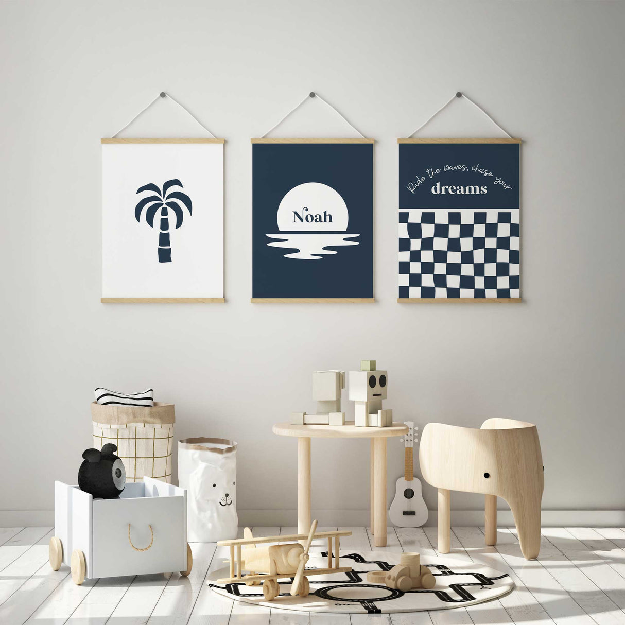 Set of minimalist nursery wall art featuring customizable name print, tropical palm design, and motivational checkered print for kids bedrooms