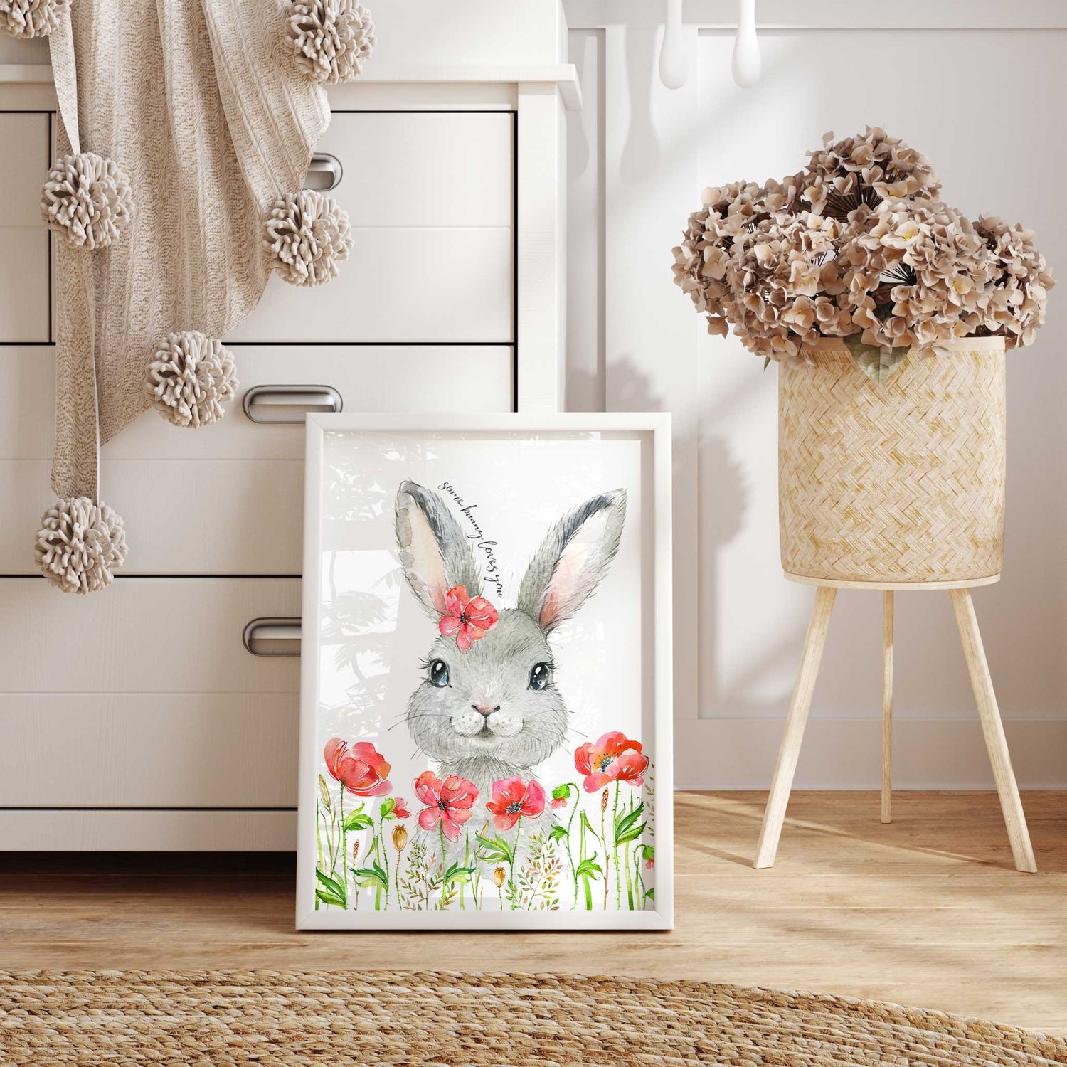 Bunny print with floral watercolour accents for girls nursery decor