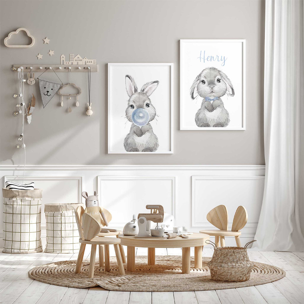 Personalised Bunny Nursery Wall Art Set of 2