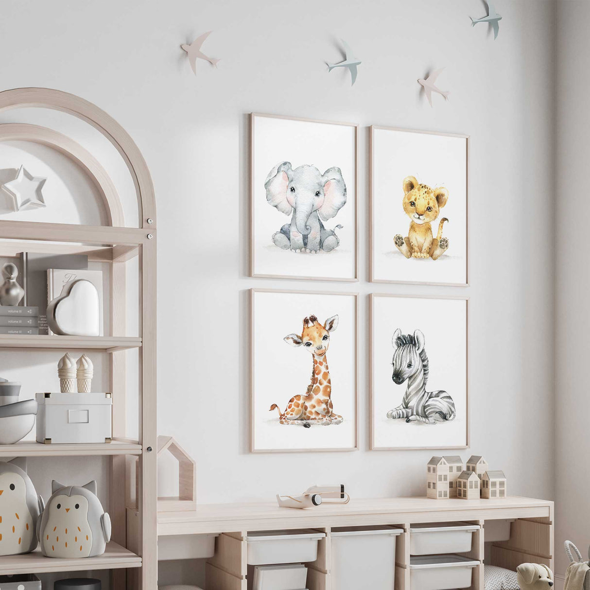 Safari themed nursery prints with watercolour safari animals for kids bedroom