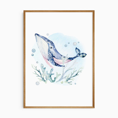 Watercolor illustration of a majestic whale swimming upwards, surrounded by flowing seaweed and bubbles, evoking the beauty and depth of the ocean. perfect for a boys nursery wall art