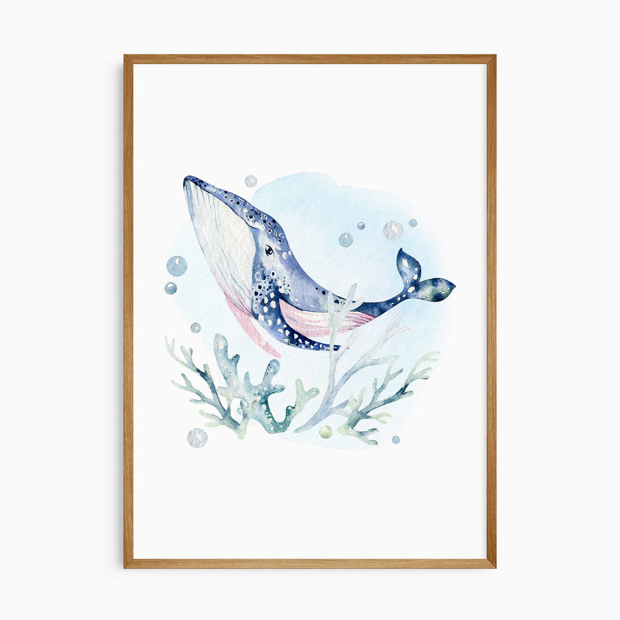 Watercolor illustration of a majestic whale swimming upwards, surrounded by flowing seaweed and bubbles, evoking the beauty and depth of the ocean. perfect for a boys nursery wall art