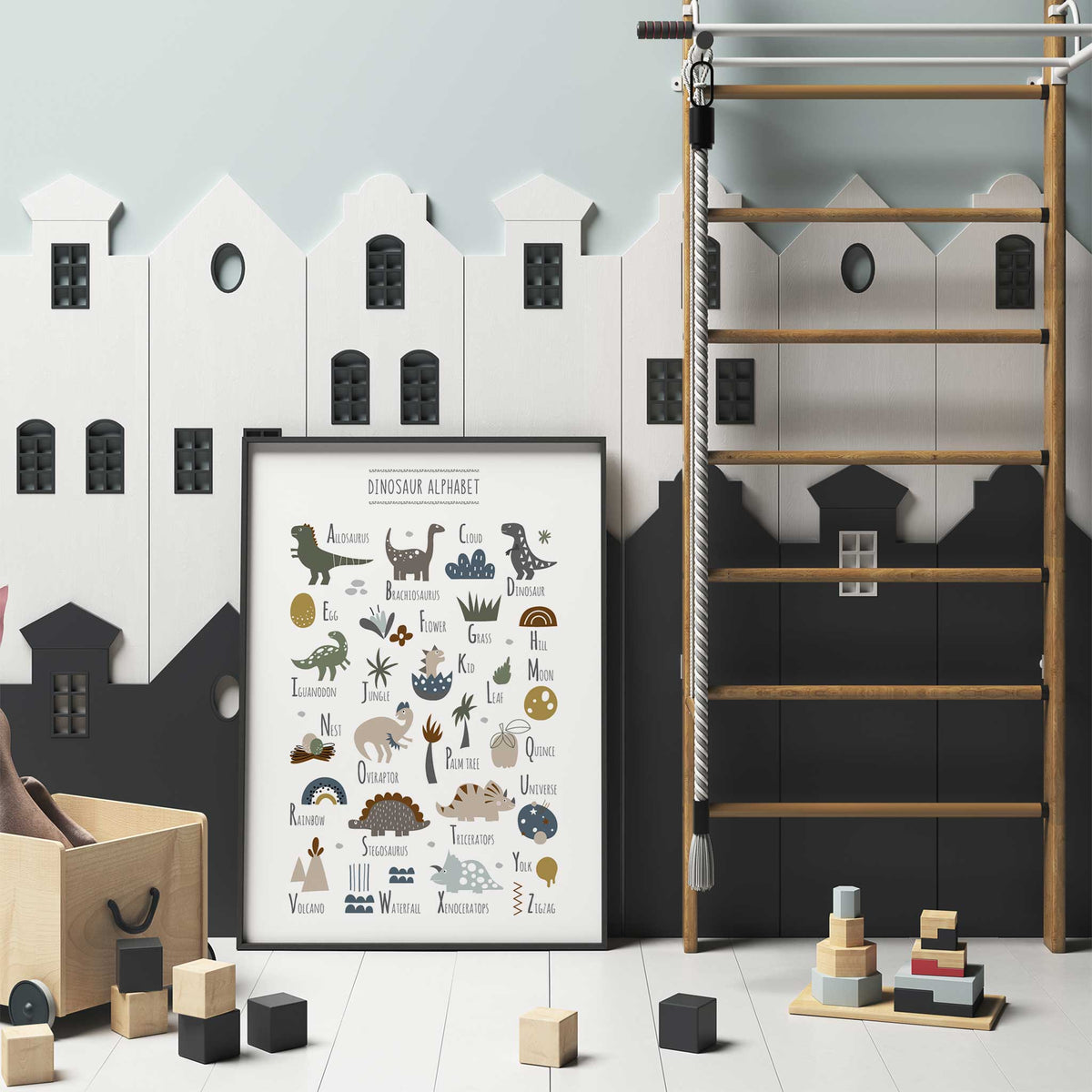 Dinosaur A to Z print in earthy neutral colours, an educational wall print for toddlers learning their letters
