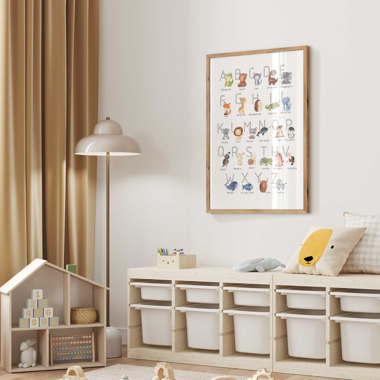 Watercolor animal ABC nursery print with custom letter colors for babies and toddlers