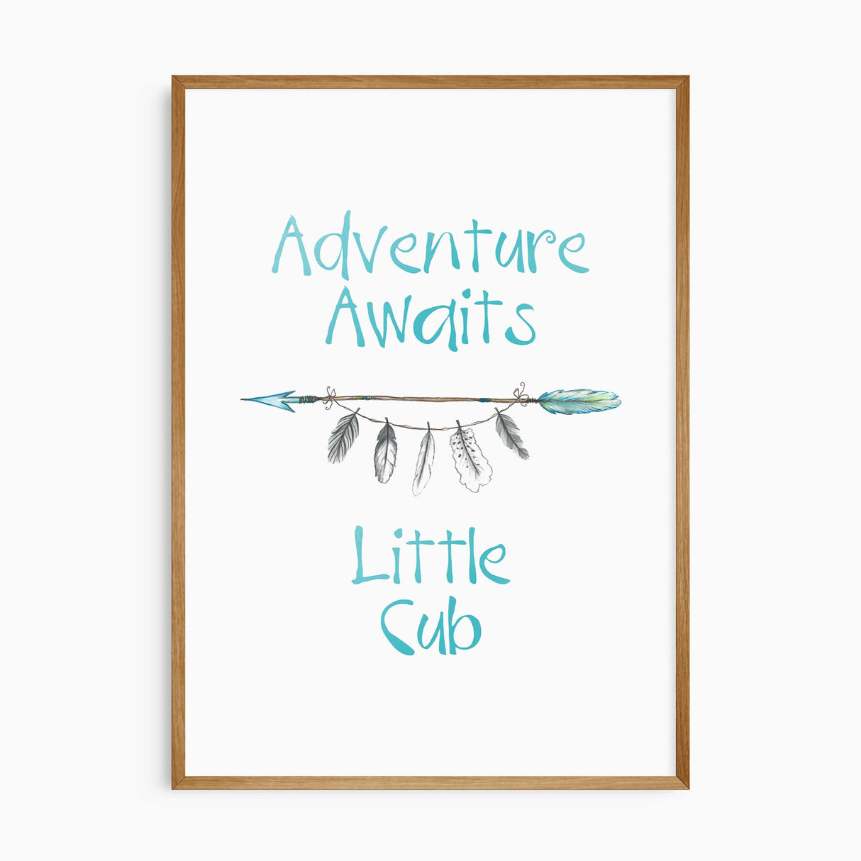 Inspirational nursery quote print that says Adventure Awaits Little Cub with feathers and arrow design