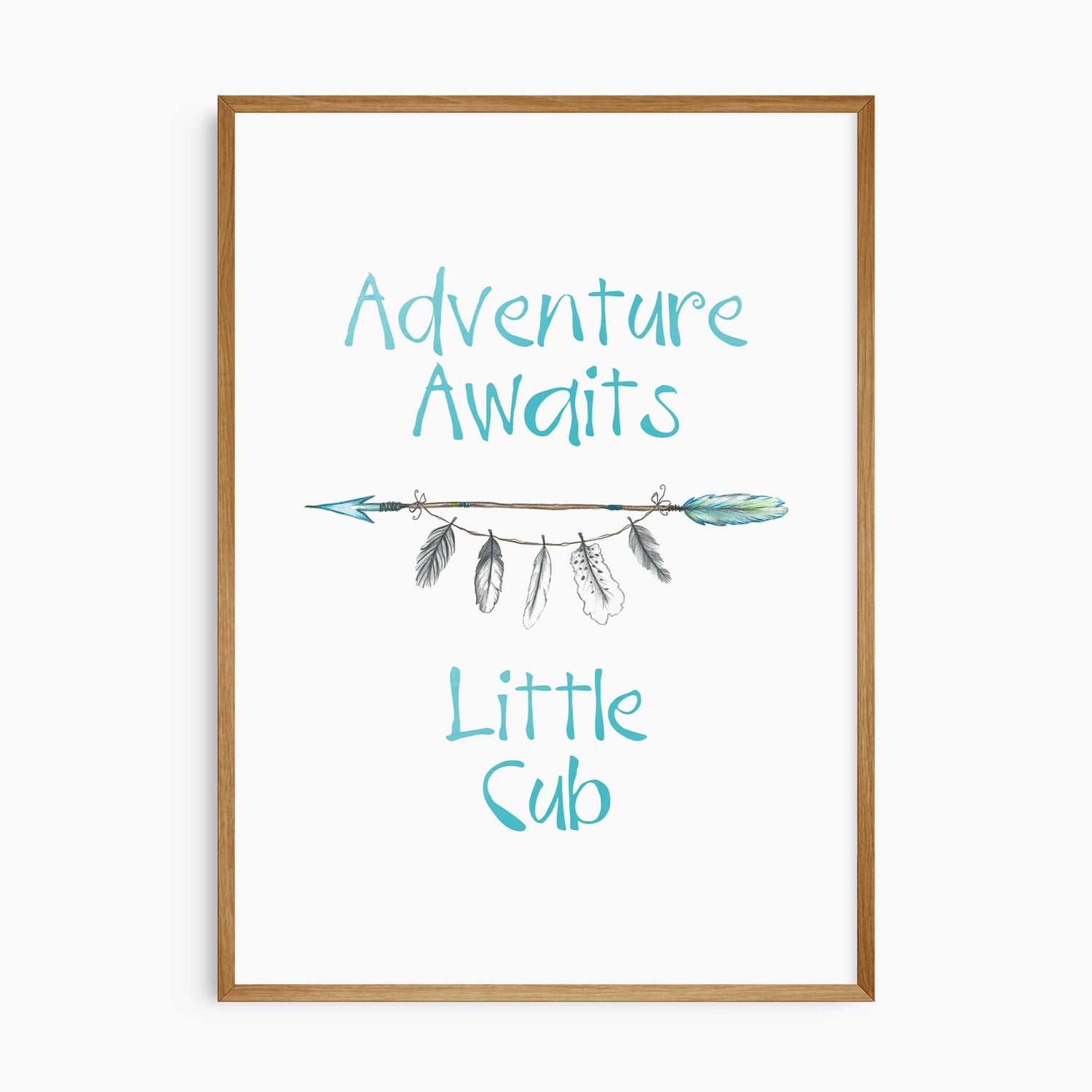 Inspirational nursery quote print that says Adventure Awaits Little Cub with feathers and arrow design