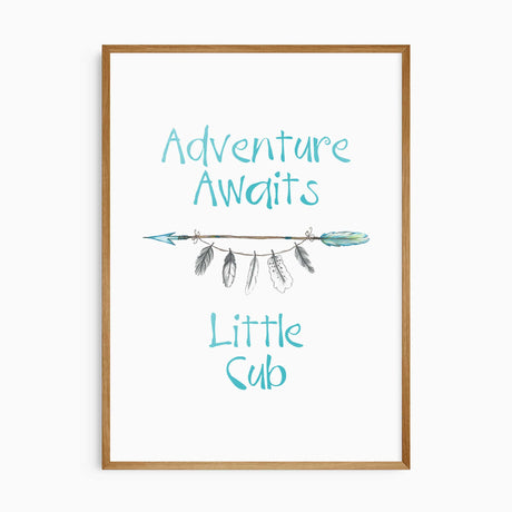 Inspirational nursery quote print that says Adventure Awaits Little Cub with feathers and arrow design
