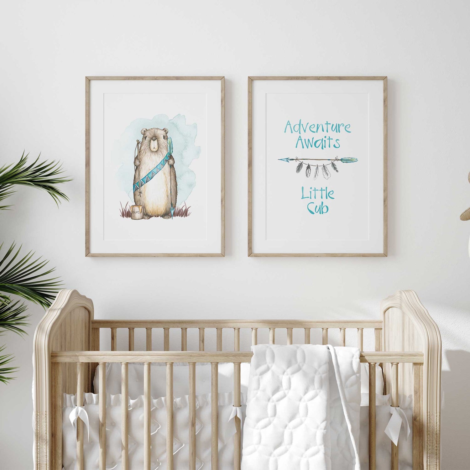 Bear and quote nursery wall art set with adventure awaits message for baby or kids’ woodland rooms