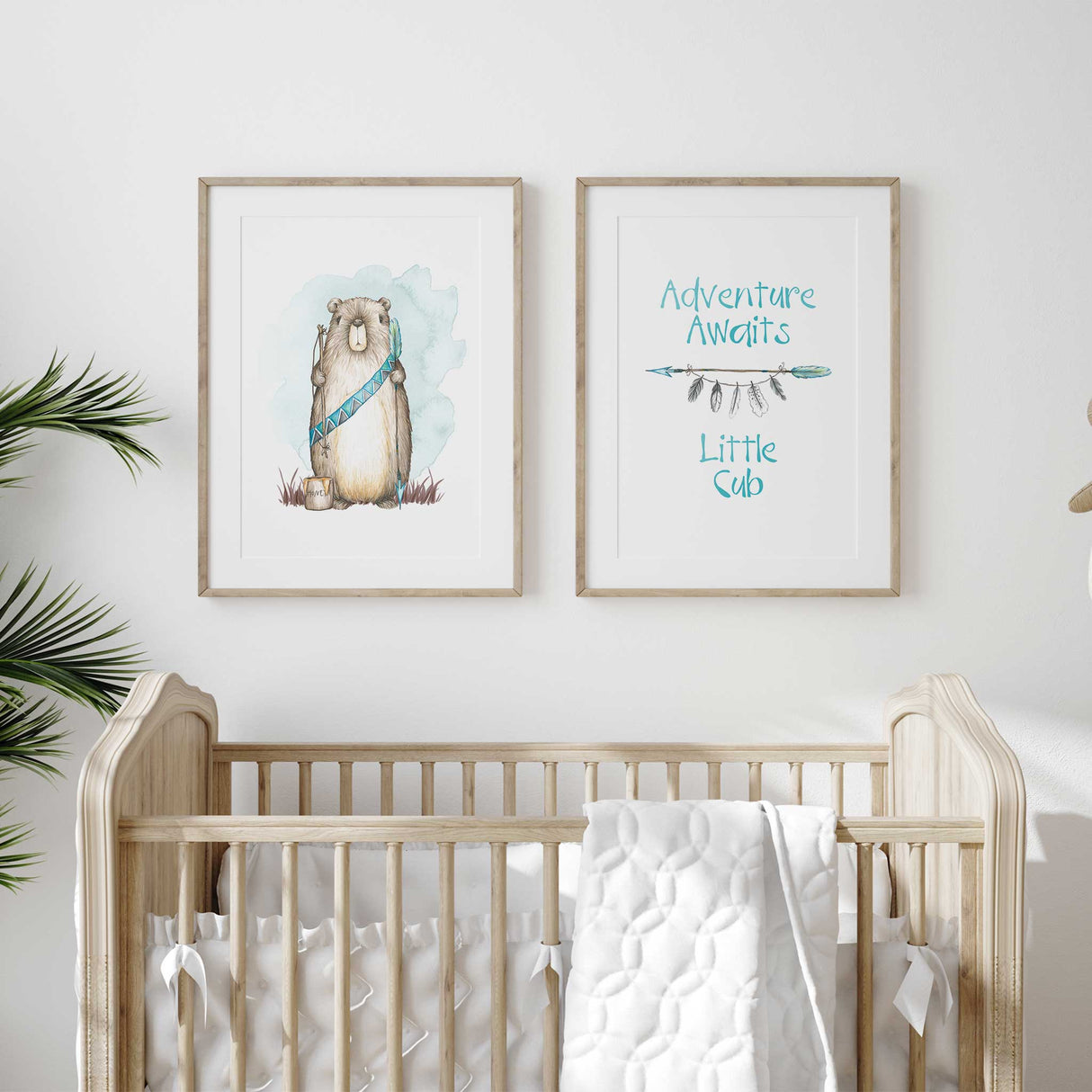 Bear and quote nursery wall art set with adventure awaits message for baby or kids’ woodland rooms