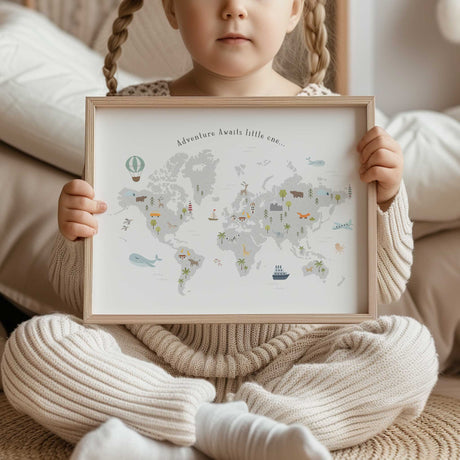 Illustrated world map for children with animals, landmarks, and nature icons