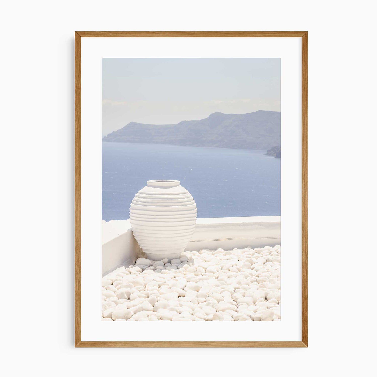 Santorini wall art print with white vase and sea