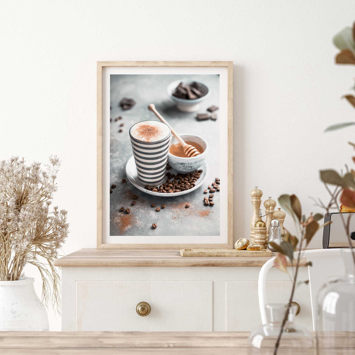 Stylish art print of coffee mug and honey setup on grey background – aesthetic kitchen wall decor for coffee fans.