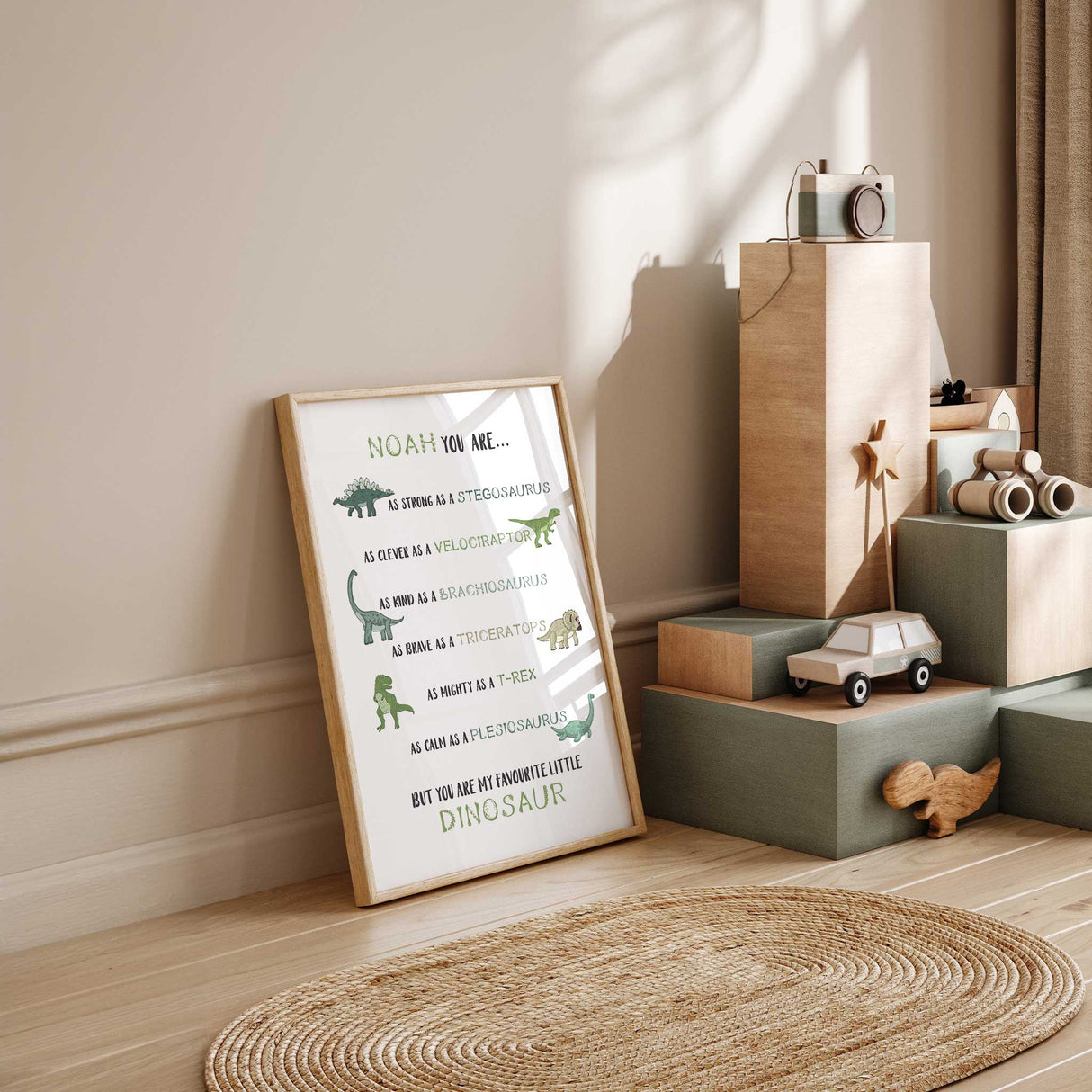 Dino-themed boys wall art with child’s name and six positive traits in a playful layout.