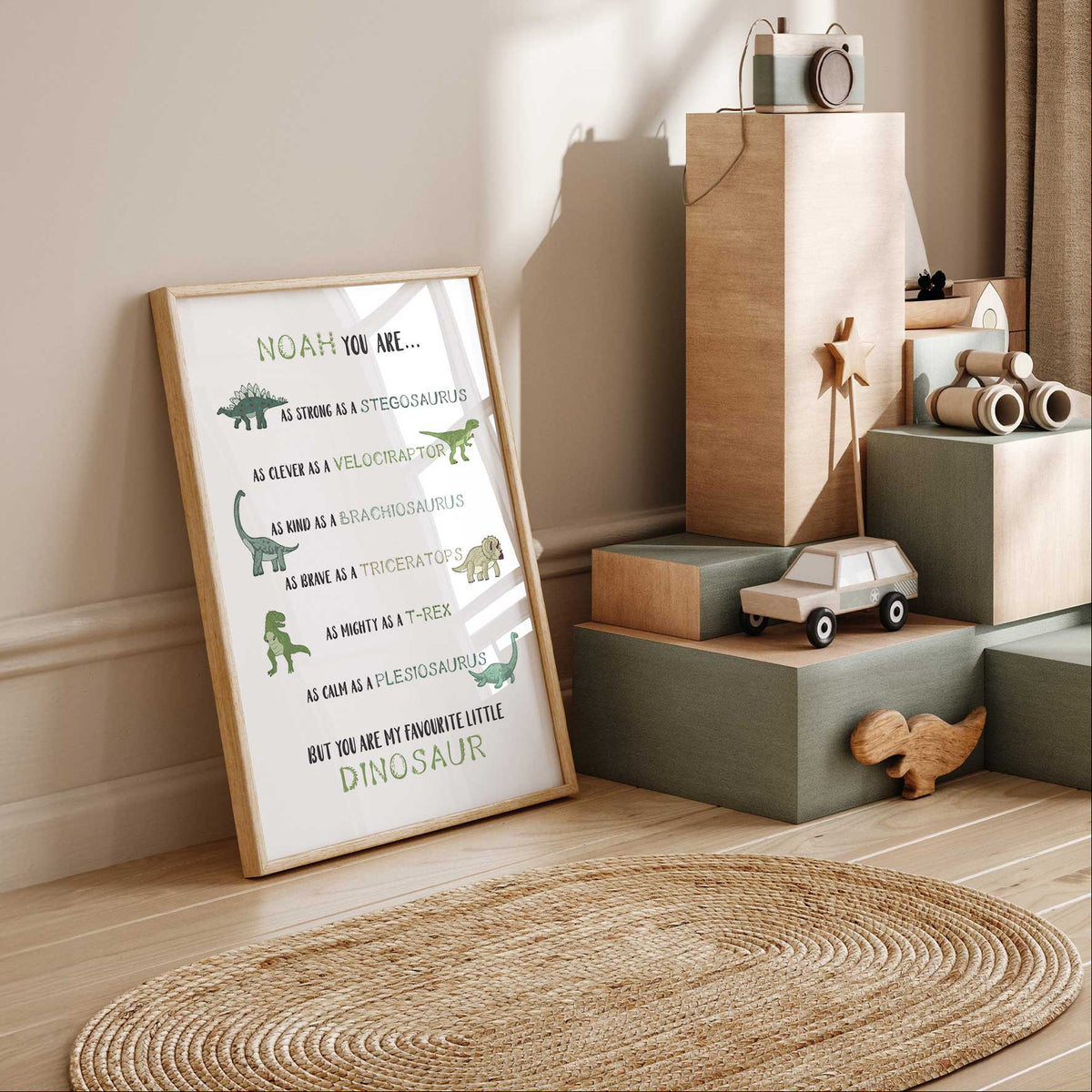 Dinosaur name artwork in soft green and earthy tones, with six encouraging comparisons and a favourite little dinosaur message.