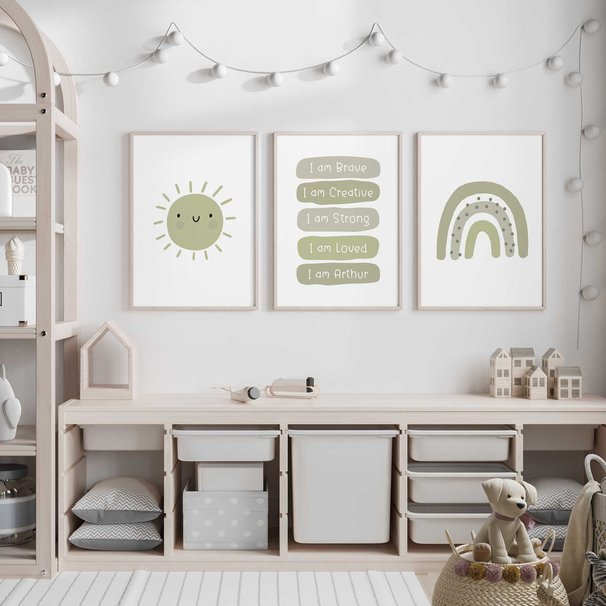 Gender-neutral nursery art set in calming green tones