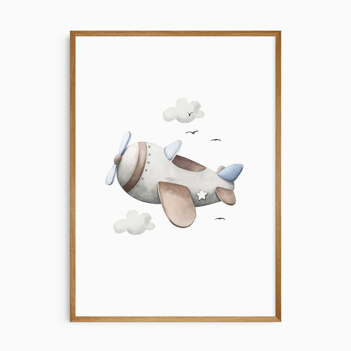 Cute boys room wall print featuring a watercolour airplane flying among clouds.