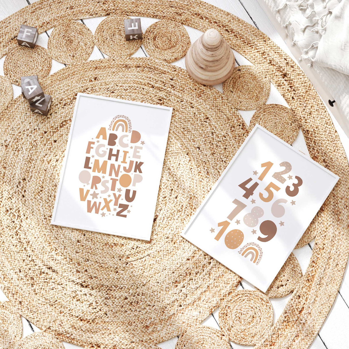 alphabet and numbers nursery wall art set with beige letters and numbers