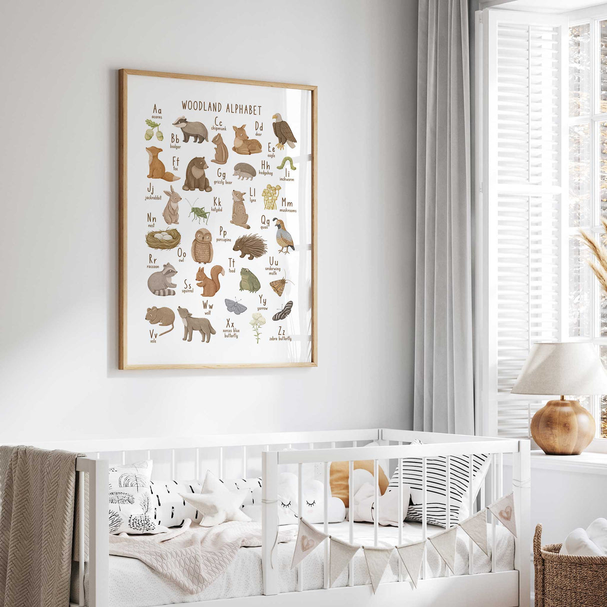 ABC alphabet print featuring woodland animals for nursery learning décor