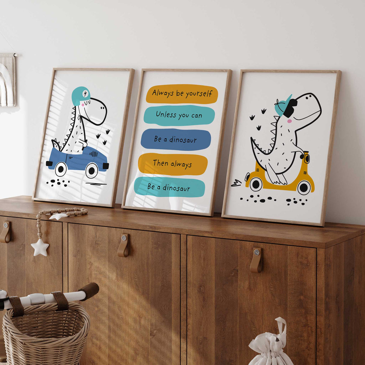 Kids wall print with “Always be yourself, unless you can be a dinosaur” quote