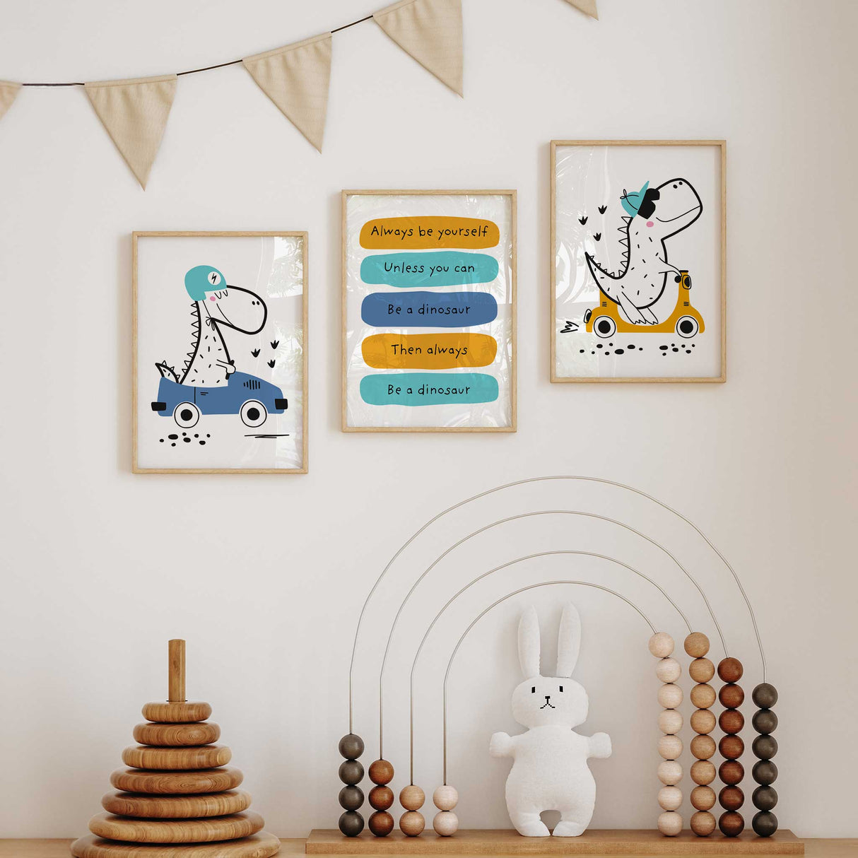 Nursery wall art with a motivational quote about being yourself and embracing your inner dinosaur. Ideal for boys room decor.