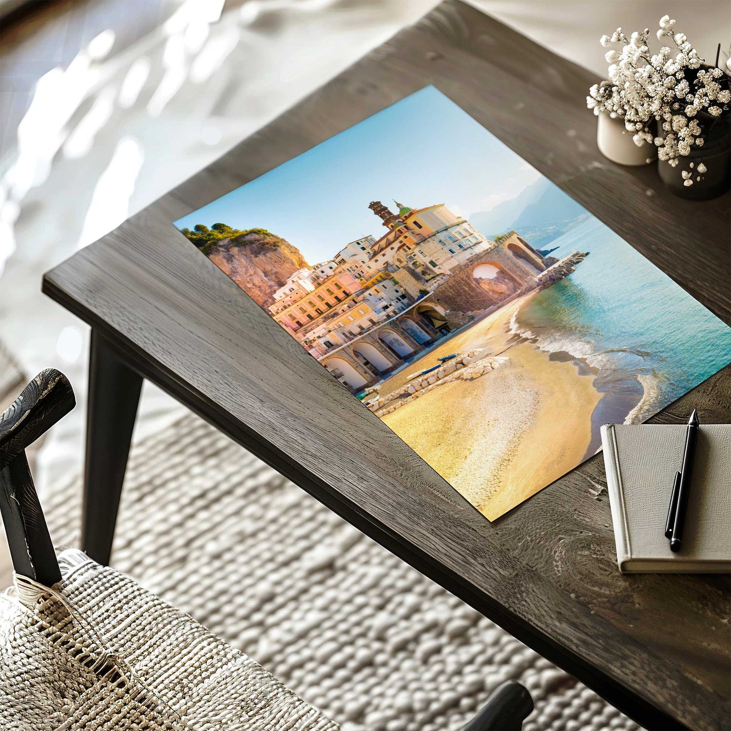 Amalfi Coast beach print with pastel buildings, arches, and turquoise Mediterranean water