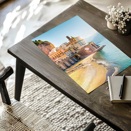 Amalfi Coast beach print with pastel buildings, arches, and turquoise Mediterranean water