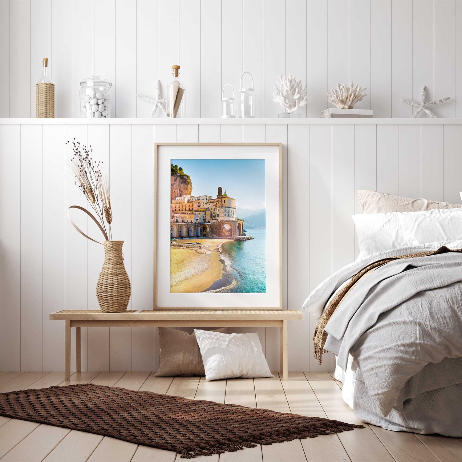 Amalfi Coast travel photography wall art featuring pastel buildings and ocean waves