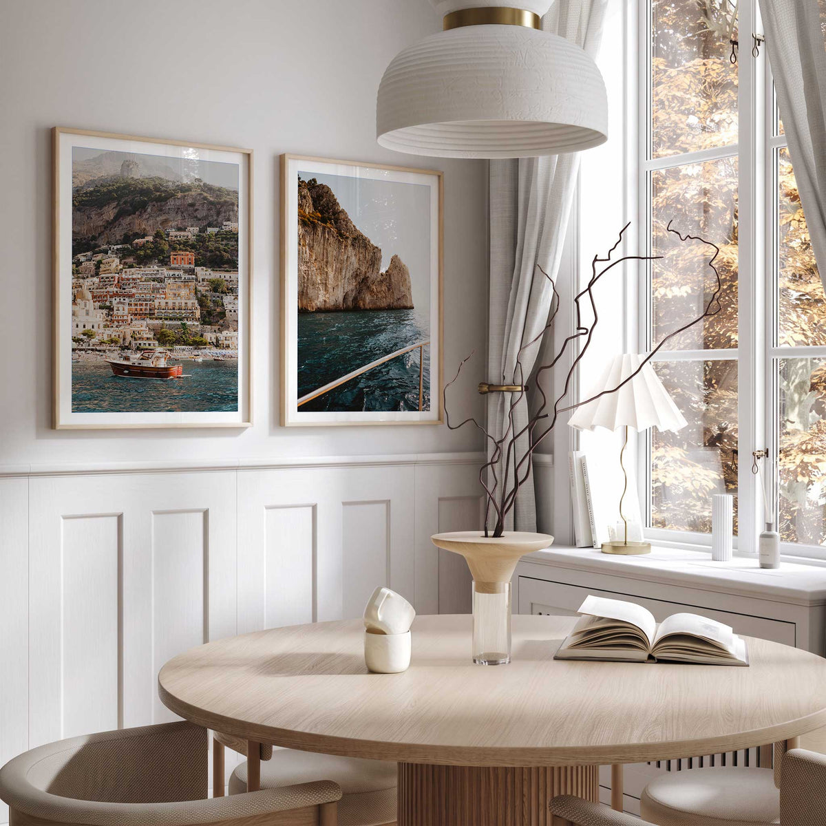 Amalfi Coast wall art set featuring Positano cliffside buildings, traditional boats and deep blue Mediterranean water