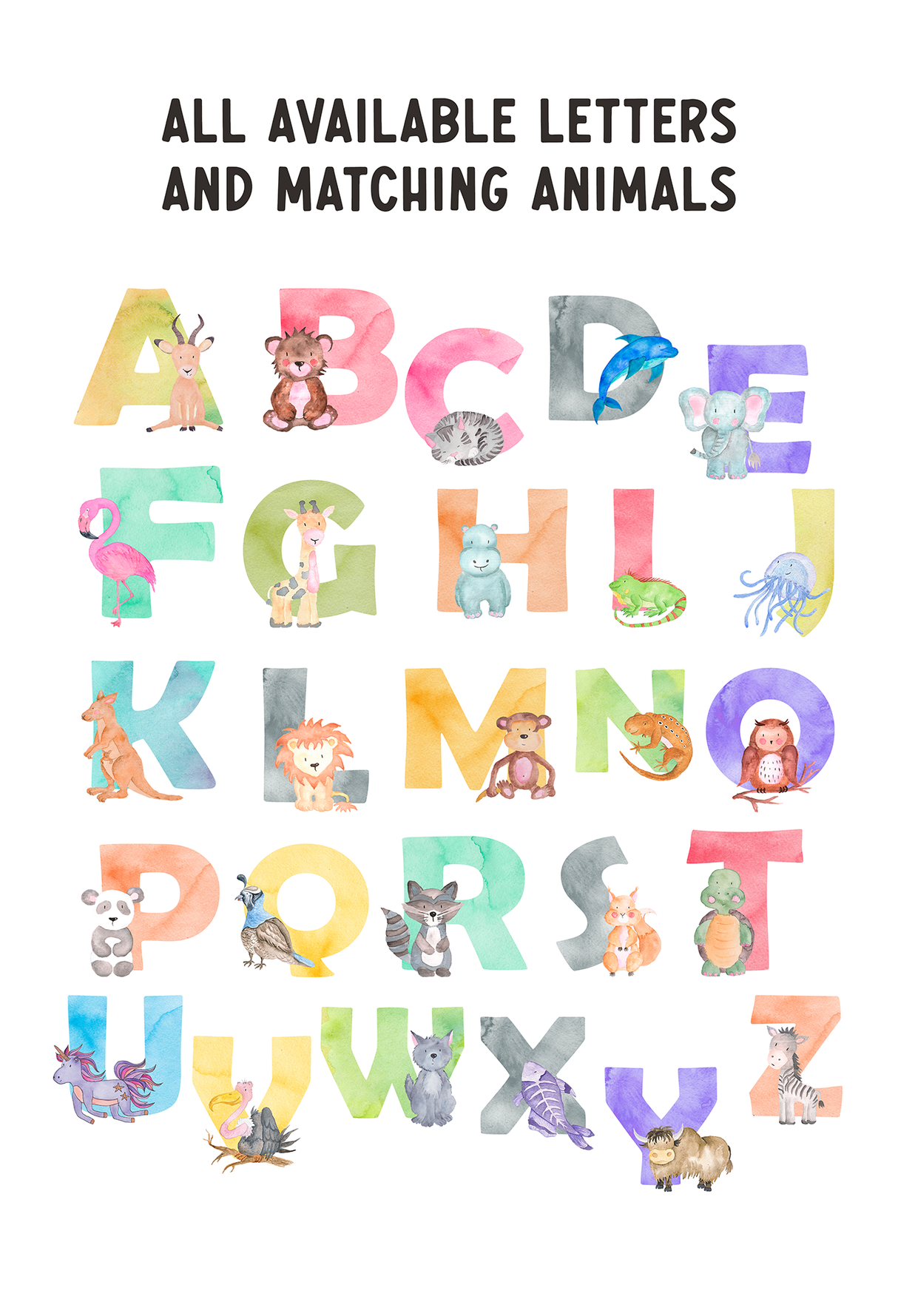 Overview of all available alphabet letters with matching animal illustrations for personalised initial birth prints