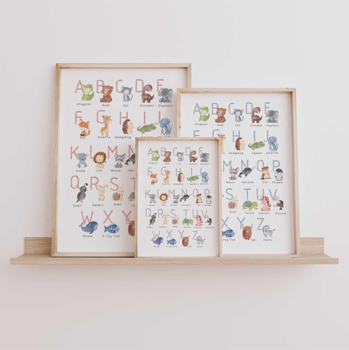 A to Z animal alphabet wall art print with cute watercolor animals and pastel letters in blue, pink, or grey