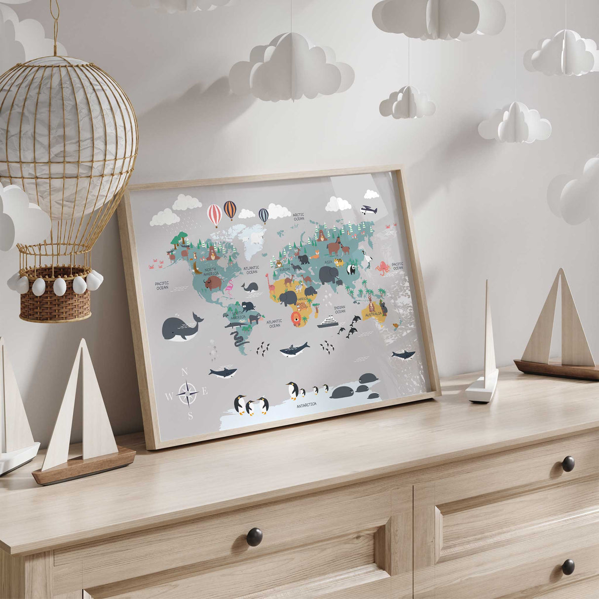 Children's educational map print with animals, continents, and ocean life