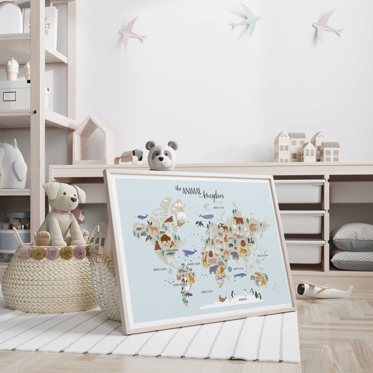 Nursery wall poster featuring animals from around the world