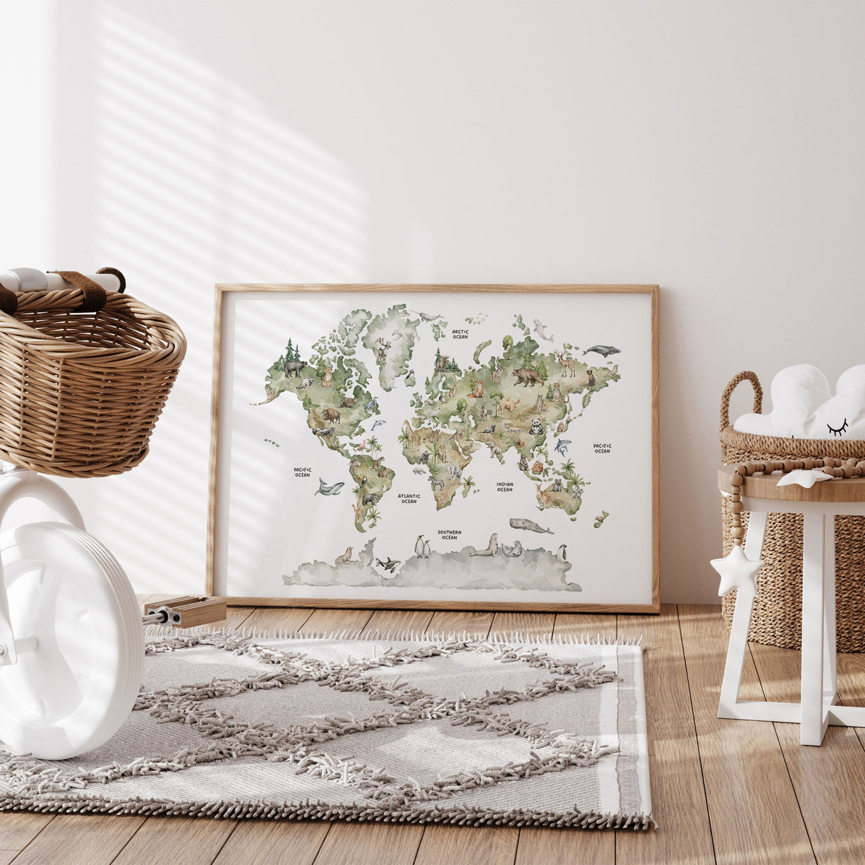 Animal-themed world map wall art showcasing iconic Australian animals and global wildlife for children’s rooms.