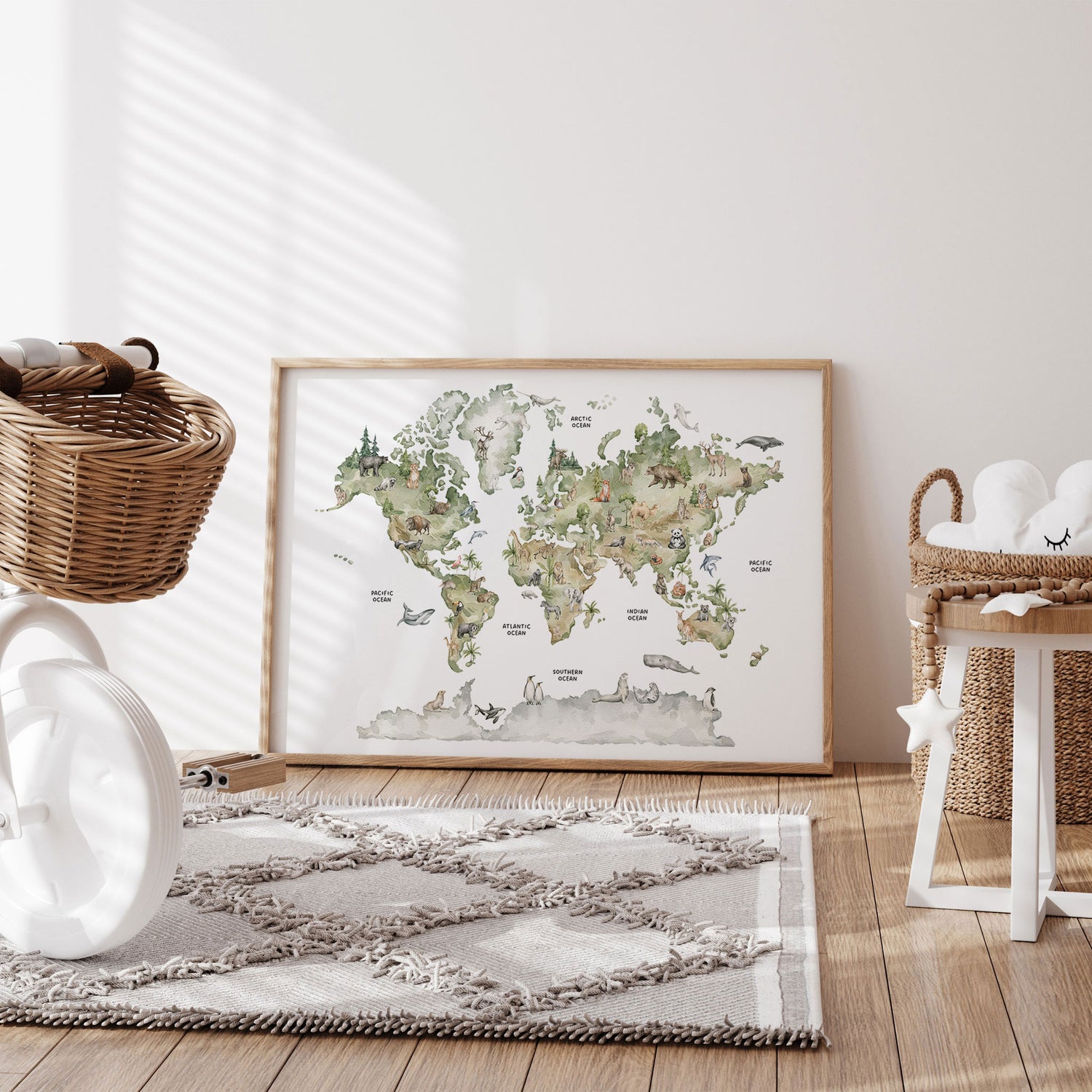 Animal-themed world map wall art showcasing iconic Australian animals and global wildlife for children’s rooms.