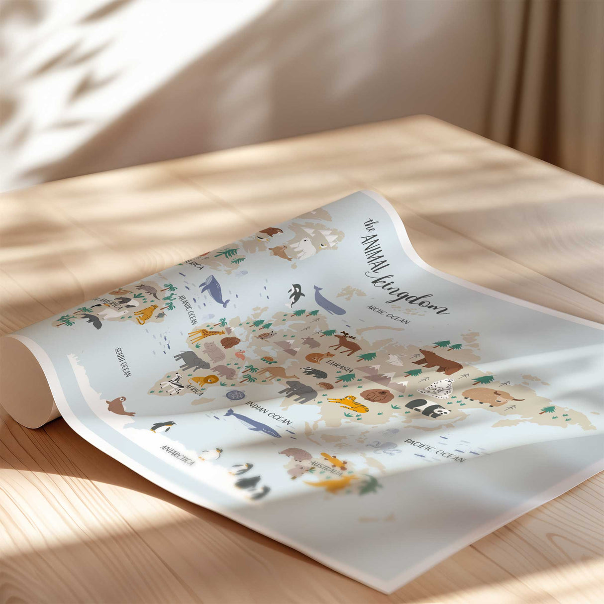 Geography map print for kids featuring animals by region
