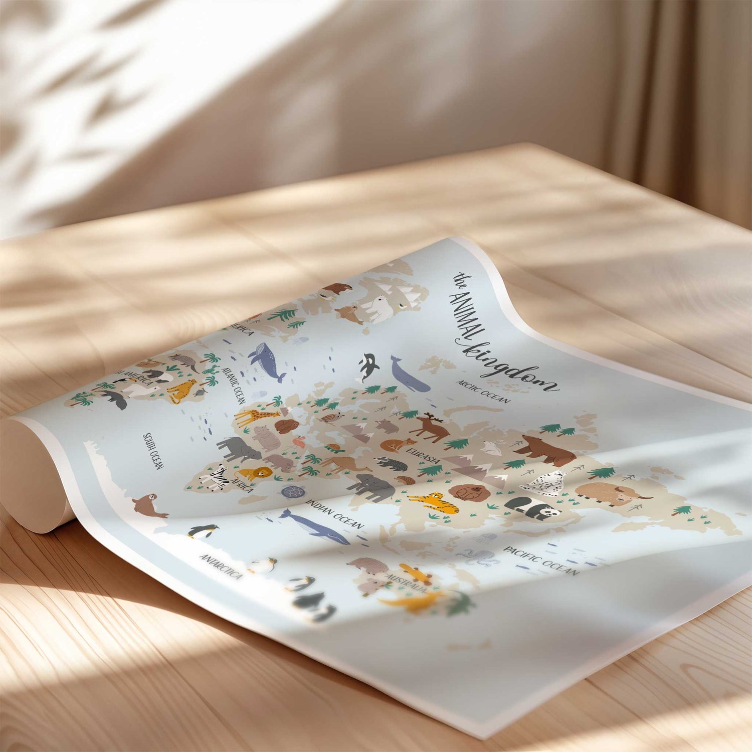 Geography map print for kids featuring animals by region
