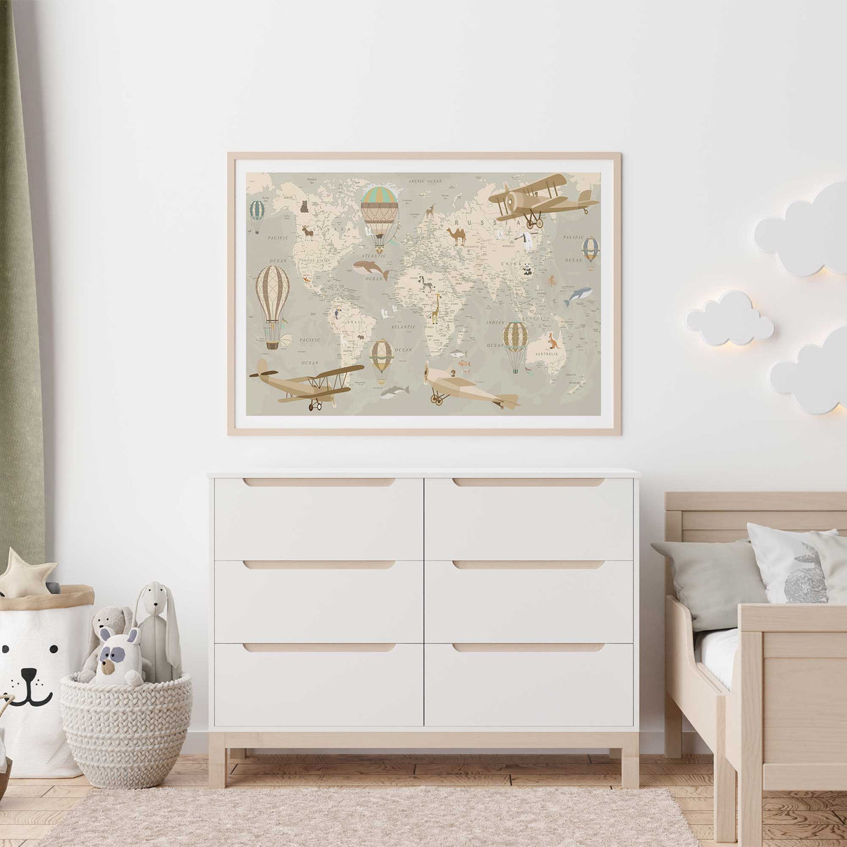 Neutral-toned animal world map print with giraffe, panda, kangaroo, and more for nursery decor