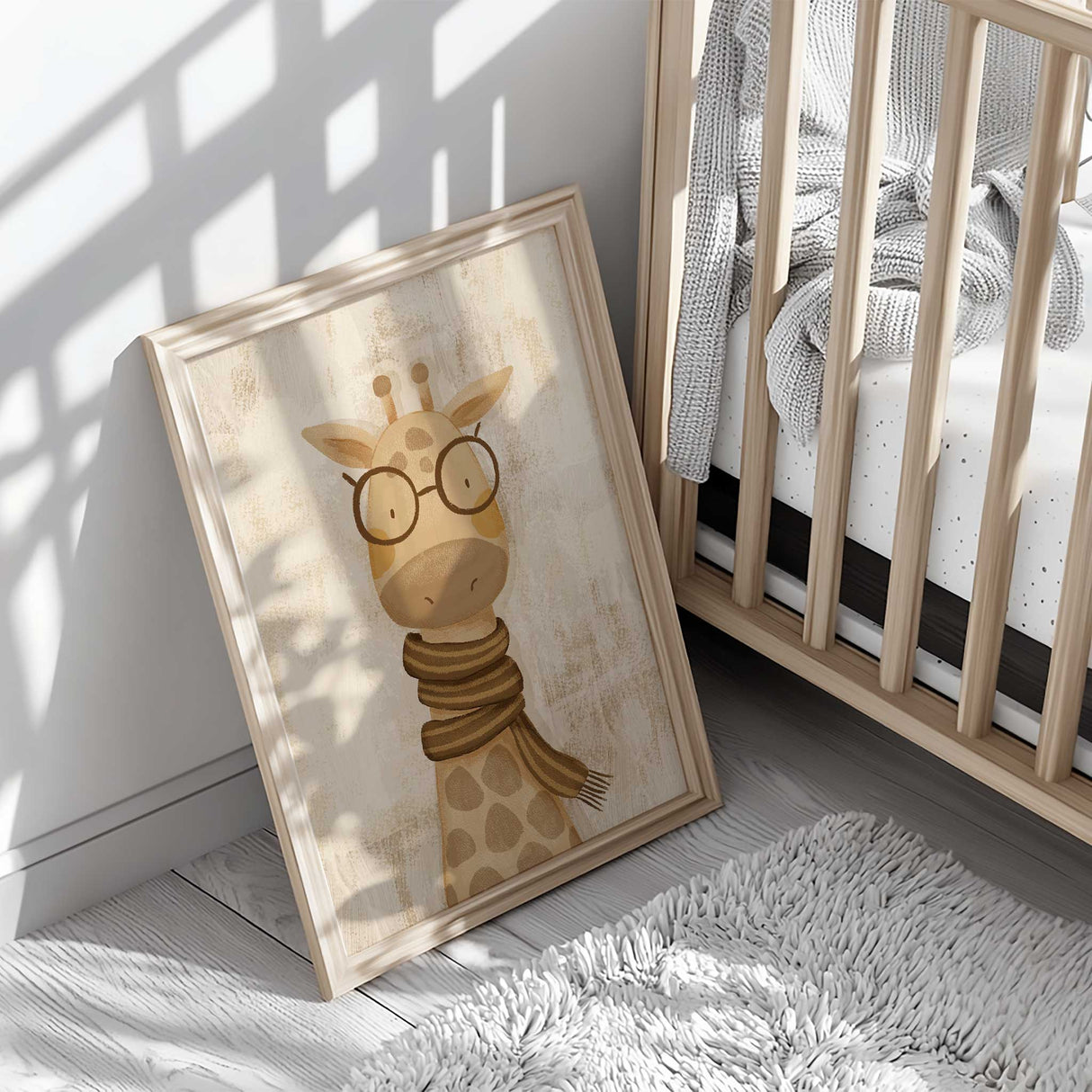 Adorable giraffe wall art print in soft neutral tones for nursery or playroom