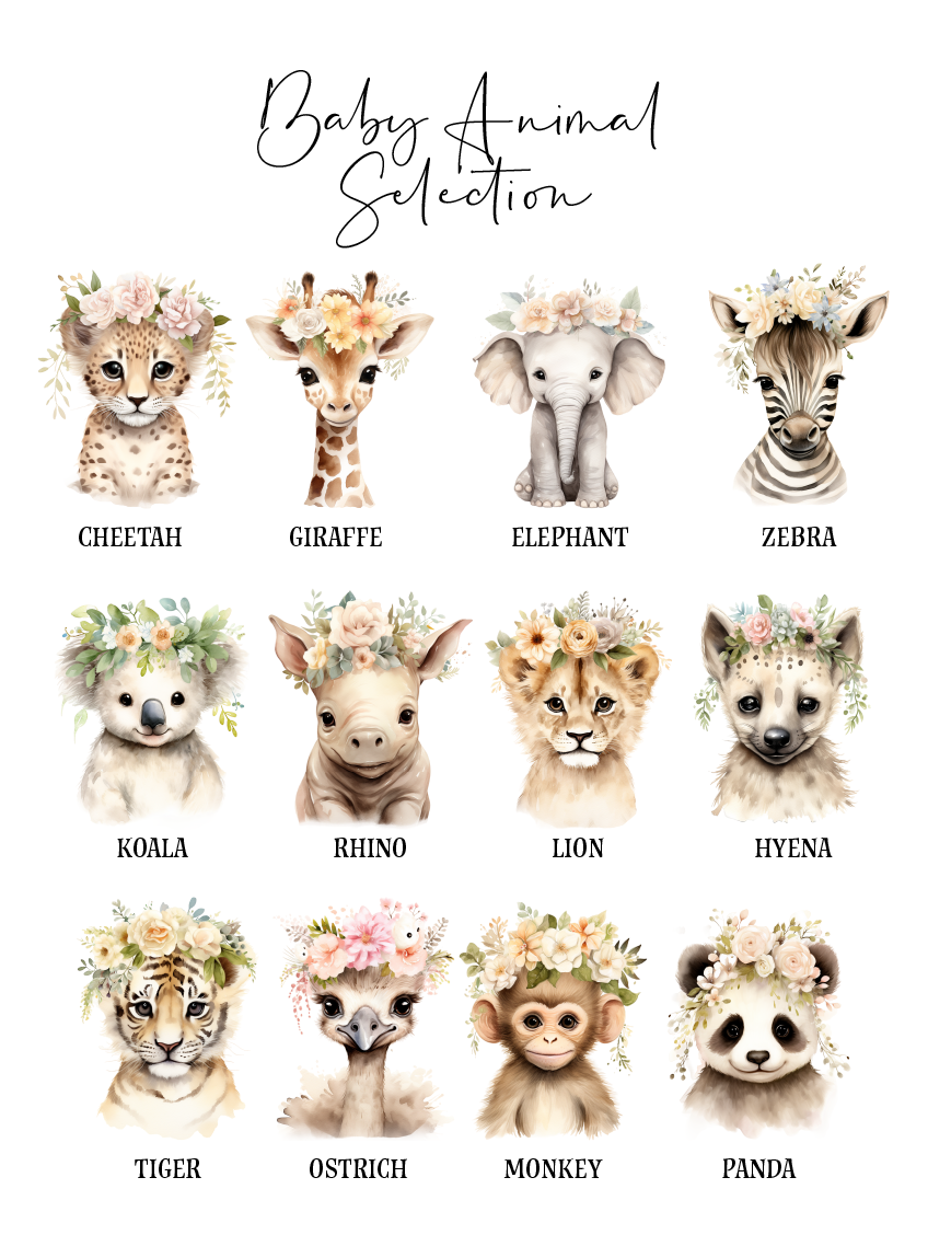 Girls room animal wall art featuring panda, cheetah, monkey and more