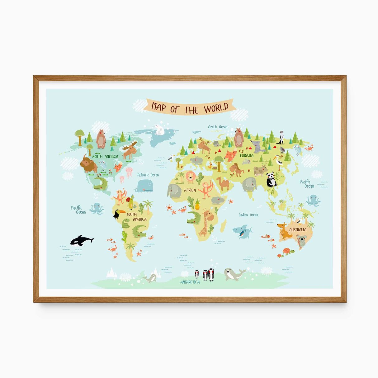 Animal world map print for a kids room with wildlife illustrations and labelled continents and oceans