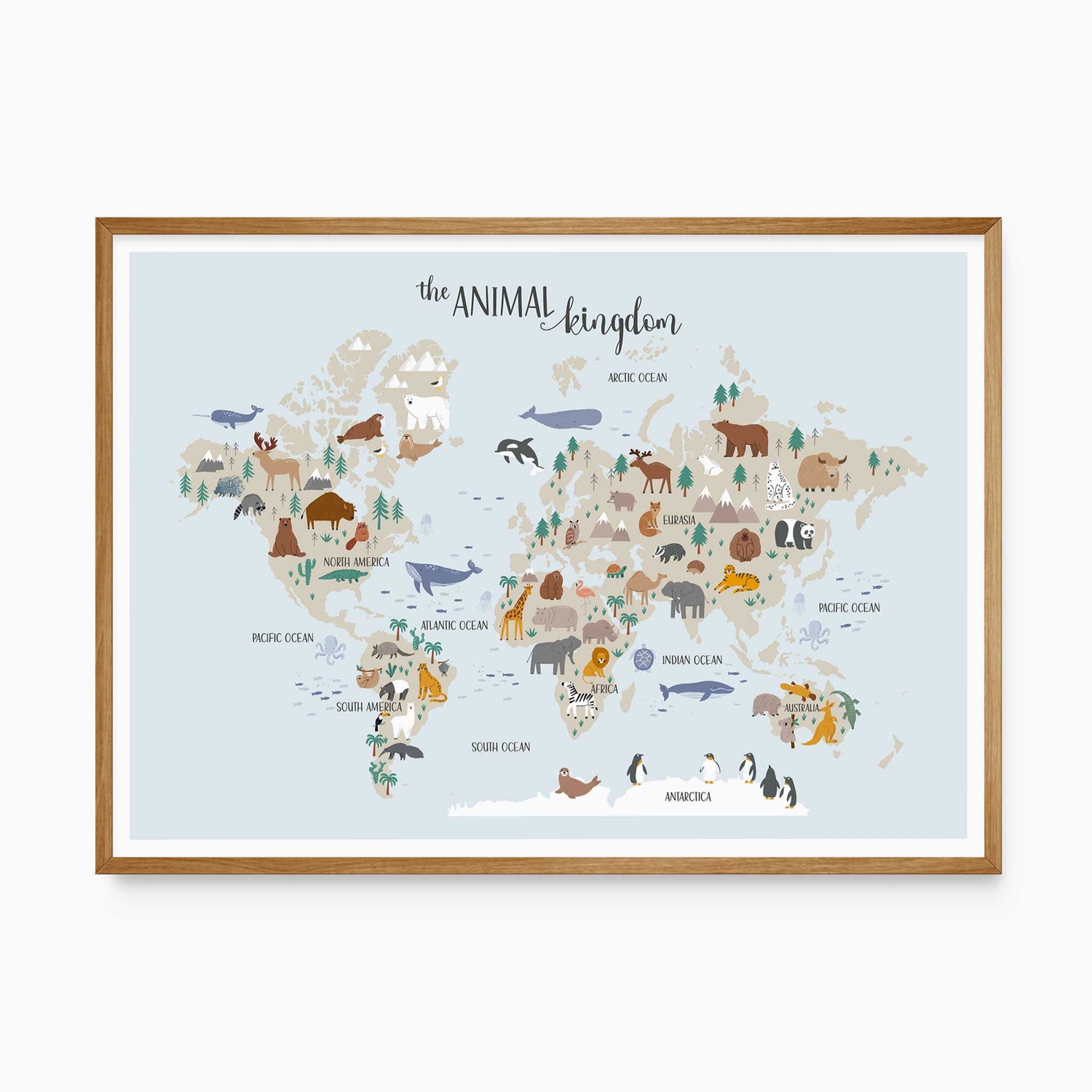 Animal world map wall art for kids with global wildlife illustrations