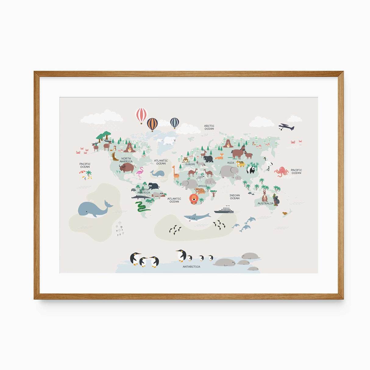 Kids world map print with animals and hot air balloons for nursery decor