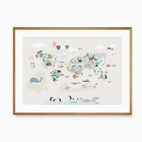 Kids world map print with animals and hot air balloons for nursery decor