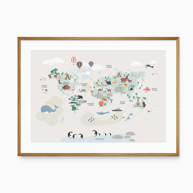 Kids world map print with animals and hot air balloons for nursery decor