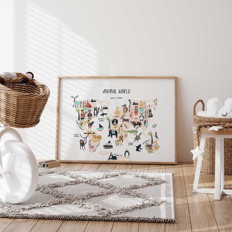 Kids' animal map print featuring quirky designs and fun educational details