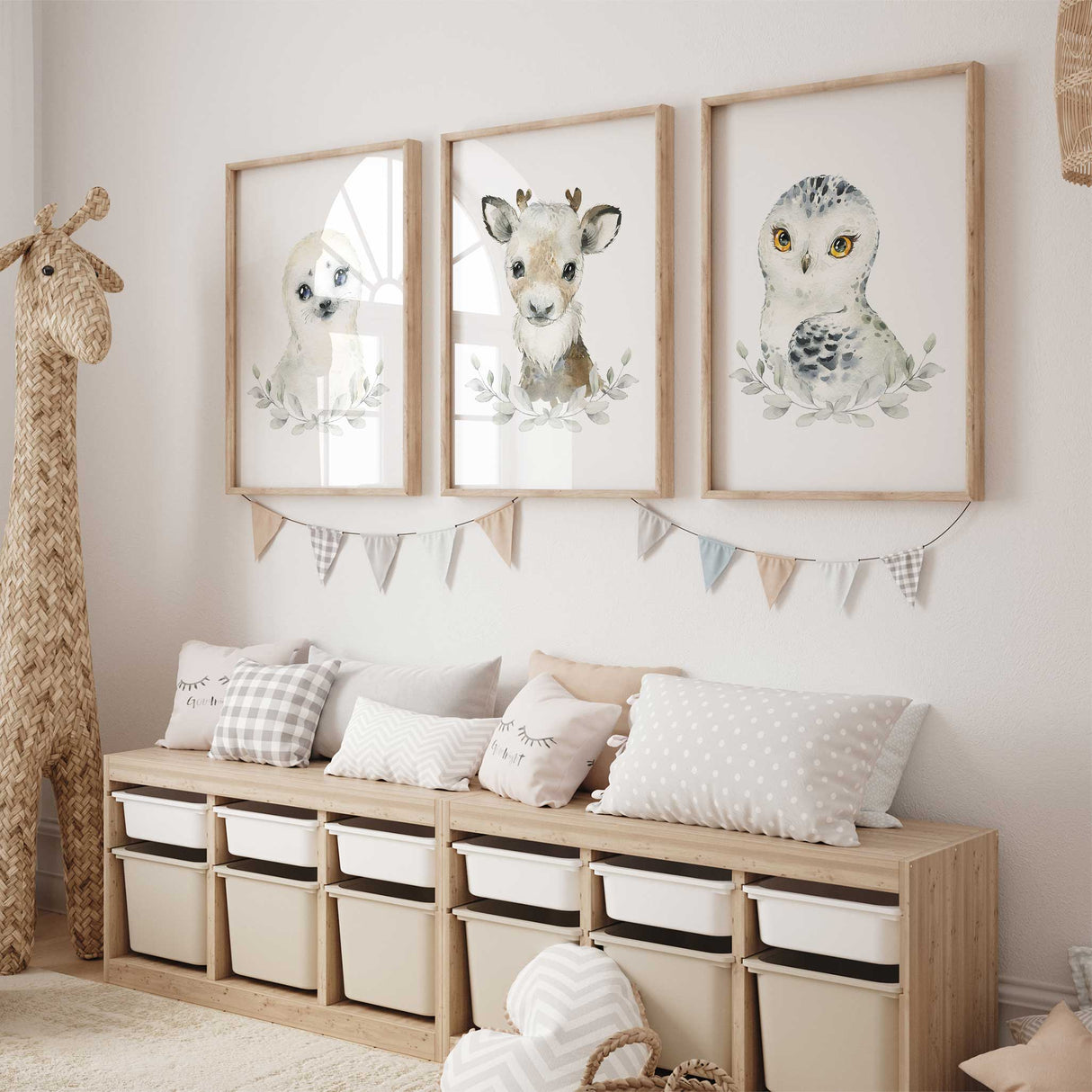 Arctic animal nursery wall art set of three with owl reindeer and seal